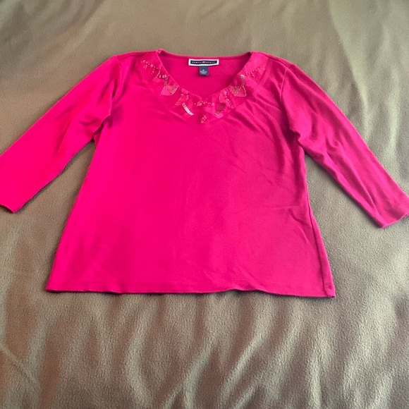 Karen Scott Tops - Karen Scott fushia, 3/4 length sleeves, v-neck sequined pullover top.  Size M